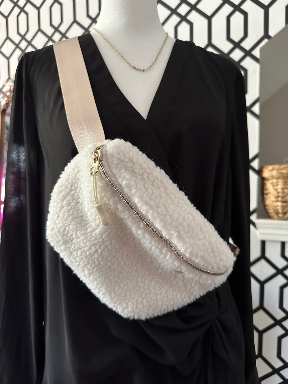 Apana Cream Sherpa Crossbody with Adjustable Strap